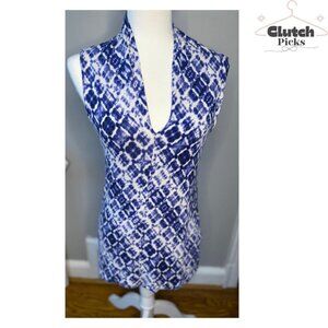 Rose & Olive Blue White Sleeveless Top Plunge Neckline Geometric Print Small EUC